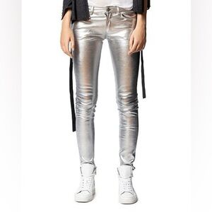 Zadig & Voltaire Phlame Cuir silver metallic lamb leather pants Womens 26 XS